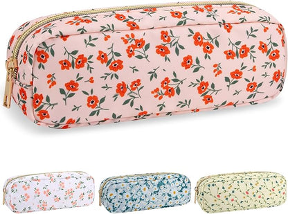 Nylon Small Floral Makeup Bag Slim Pouch, Preppy Cute Makeup Brush Bag Pink Makeup Bag Flower Cosmetic Zipper Pouch for Purse, Waterproof Travel Toiletry Bag Make Up Organizer for Women(Pink-Floral)
