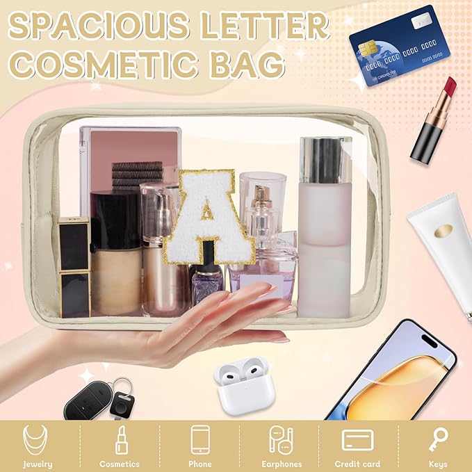 Personalized Initial Clear Makeup Bag, Travel Chenille Patch Cosmetic Bag, Preppy Toiletry Bag Monogram Cosmetic Pouch with Zipper, Ideal Gift for Teen Girls Women (Clear-Beige, A)