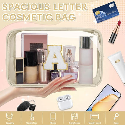 Personalized Initial Clear Makeup Bag, Travel Chenille Patch Cosmetic Bag, Preppy Toiletry Bag Monogram Cosmetic Pouch with Zipper, Ideal Gift for Teen Girls Women (Clear-Beige, A)