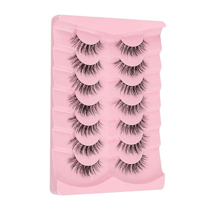 Natural Lashes False Eyelashes 17MM Wispy Lashes 3D Volume Strip Eyelashes C Curl False Eye Lashes 0.1MM Thin Band Fluffy Lashes Pack Siligli 7 Pair Lash Eyelash