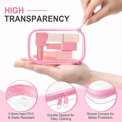 Hoolerry 3 Pcs Clear Hard Zipper Case Plastic Pouch Transparent Hard Case Clear Makeup Bag Portable Travel Organizer Bin for Cosmetics, Building Blocks, Puzzles(Pink,Xs)