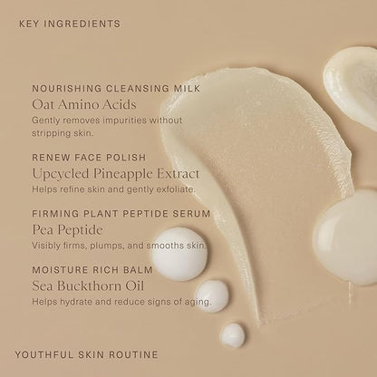 Oak Essentials Youthful Skin Routine Set | 4-Step Skin Renewal Kit with Peptide Serum, Face Polish, Cleansing Milk & Moisture Balm