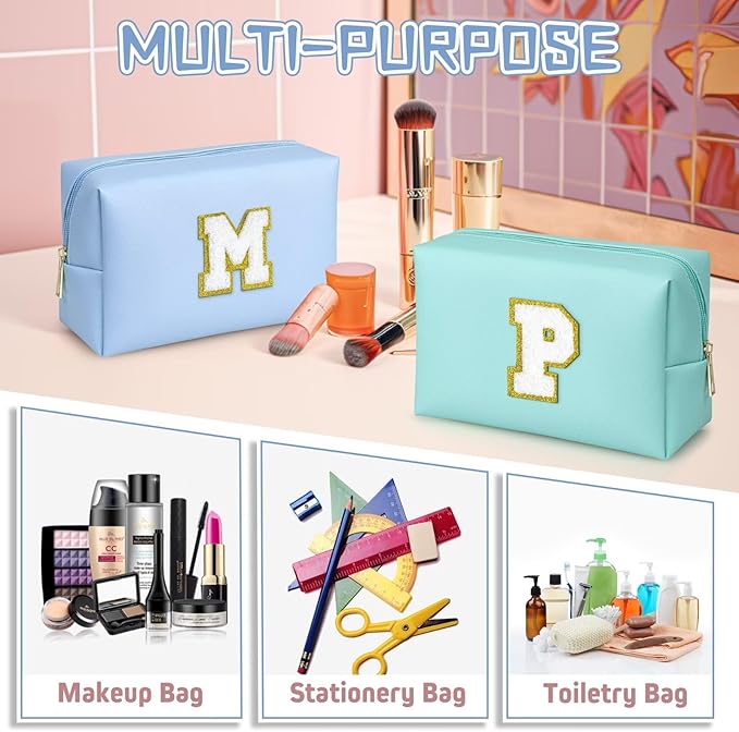 TOPEAST Preppy Bag, Monogrammed Makeup Bags with Zipper, Cute Makeup Pouch, Initial Birthday Gifts Bag for Daughter Friends Sister, Preppy Things for Girls (Sky Blue H)