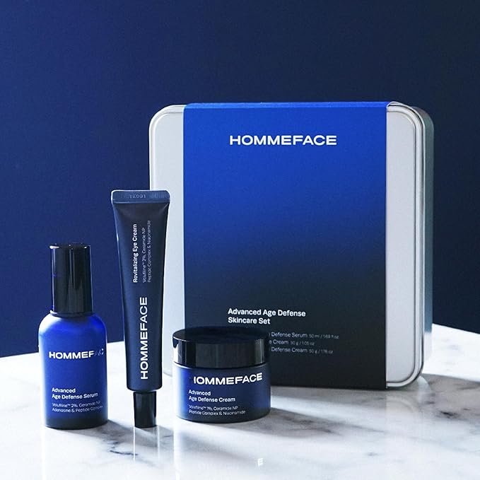HOMMEFACE Men’s Advanced Age Defense 3-Piece Anti-Aging Skincare Set - Facial Serum, Eye Cream & Face Cream - Korean Skincare Technology with Volufiline, Ceramide, Hyaluronic Acid & Peptides