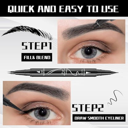 Curved 2 Tip Eyebrow Pen-Black Eyebrow Pencil With Black Eyeliner 2-in-1 Dual-Ended Create Natural Hair-Like Brows,Waterproof,Smudge Proof,Long Lasting All-Day