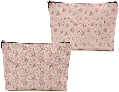 2pcs Pink Vintage Roses Floral Makeup Bag, Pink Coquette Roses Flower Cosmetic Bag Rose Gifts for Women Female Girls Sister BFF Nature Lover, Travel Zipper Pouch Christmas Thanksgiving Birthday Gifts