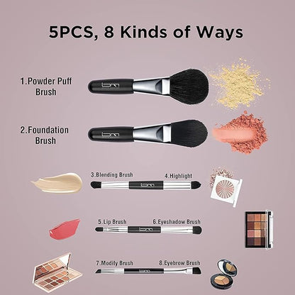 Travel Makeup Brushes Set w/Pouch, 5PCS Double Ended Portable Mini Cosmetic Brushes Kit for Foundation, Eyeshadow, Lip, Blush Make Up Brushes Professional(Black)