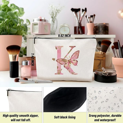 Initial Makeup Bag Pink Butterfly K Personalized Cosmetic Bag Monogrammed Gifts for Women Girls Bride Bridesmaid Monogram Zipper Pouch for Friendship Mothers Day Birthday Wedding Bridal Shower Gifts