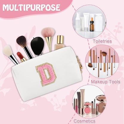 Personalized Chenille Letter Preppy Makeup Bag, Small Cute Mini Travel Cosmetic Bag Initial Toiletry Zipper Pouch Makeup Storage, Waterproof Makeup Case Travel Essentials for Her Daughter(Letter D)