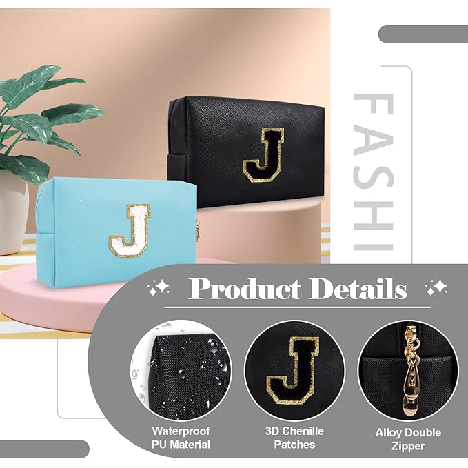 Personalized Initial A-Z Preppy Patch Makeup Bag,Small PU Chenille Letter Cosmetic Bag with Zipper for Teen Girls,Black Cute Toiletry Organizer Bag,Monogram Makeup Case Gift for Women Girls,Letter J