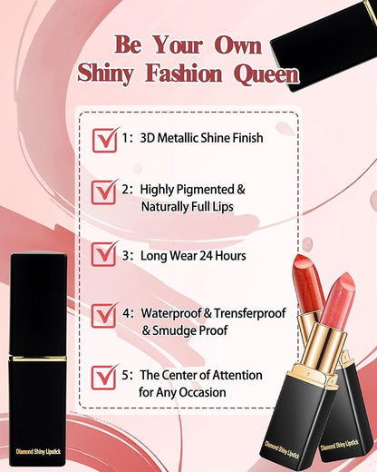 Metallic Rose Color Changing Shimmer Lipstick for Women,3D Shine High Impact Long Lasting Hydrating Transfer Proof Lipstick,Creamy Matte Non Sticky Plumping Lip Gloss,Full Coverage Lip Color Makeup 04