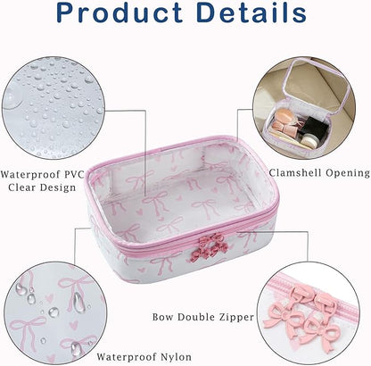 Cute Clear Makeup Bag with Bow Pattern,Transparent Nylon Travel Cosmetic Case with Zipper,Portable Makeup Organizer Pouch for Essentials(01Pink)