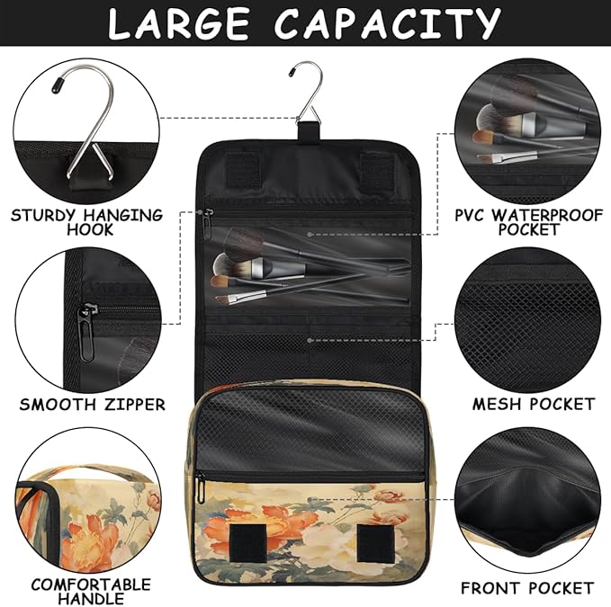 Travel Toiletry Bag for Women & Men Ethnic Flower Peony Hanging Cosmetic Organizer Portable Waterproof Makeup Case Make Up Bag with Compartments Travel Essentials for Bathroom Shower
