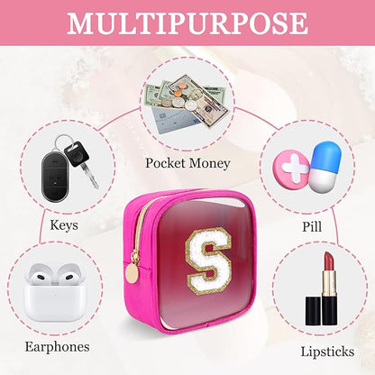 Mini Clear Personalized Initial Makeup Bag,Nylon Preppy A-Z Chenille Letter Patch Zipper Cosmetic Bag, Small Cute Beach Pouch Travel Purse Sanitary Napkin Storage Bag for Women Girls(Hot Pink-White S)