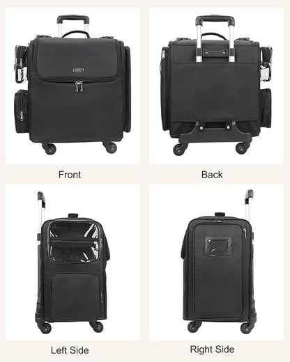 Relavel Rolling Makeup Train Case with 6 Pcs Clear Makeup Bags, Hairstylist Traveling Bag with 4 Wheels, Heat Insulation Full Layer, Adjustable Dividers, Hair Tools and Cosmetics Storage Organizer