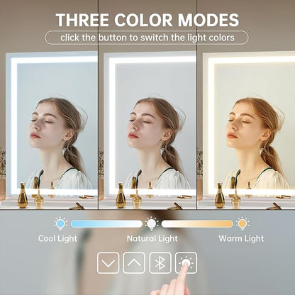 Hasipu Vanity Mirror with Lights, 42" x 30" LED Makeup Mirror, Lighted Makeup Mirror with Dimmable 3 Modes, Touch Screen Control Vanity Mirror Square White