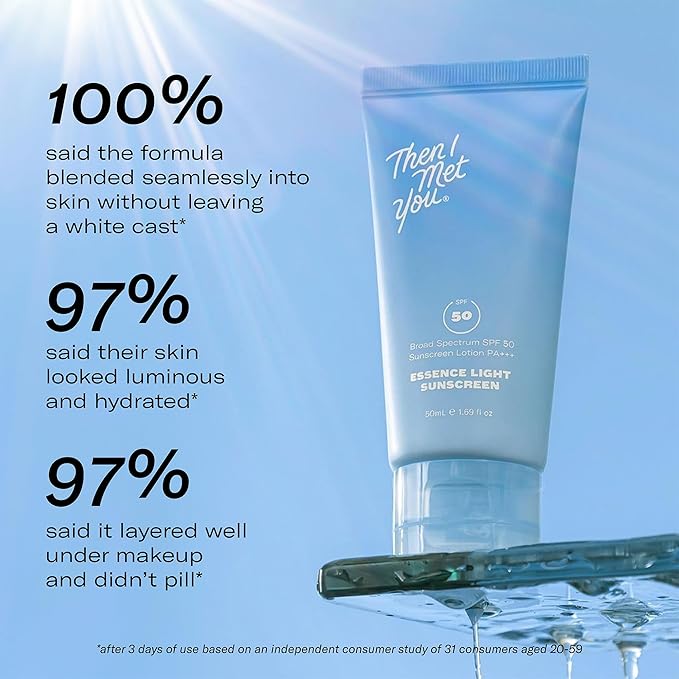 Then I Met You Essence Light Sunscreen, Broad Spectrum SPF 50 Lotion PA+++, with Hyaluronic Acid, Vegan, Cruelty-Free, 1.69 oz