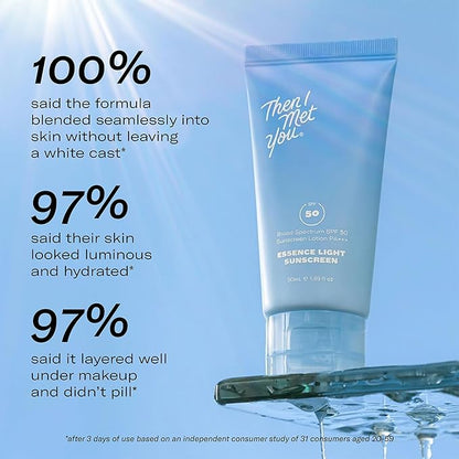 Then I Met You Essence Light Sunscreen, Broad Spectrum SPF 50 Lotion PA+++, with Hyaluronic Acid, Vegan, Cruelty-Free, 1.69 oz