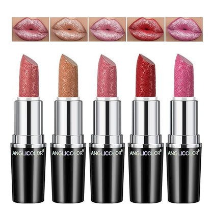 Anglicolor 5pcs Glitter Lipstick High Impact Lipcolor,Lipstick Moisturizing Creamy Formula,Metallic Lipstick For Women For Vegan & Cruelty-Free,Full-Coverage Lip Color (#B, 20g)