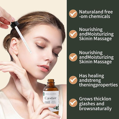 Organic Castor Oil Cold Pressed Unrefined - Hair Growth & Care, Thicker Eyelashes & Eyebrows (4.23FlOz) - Certified Organic, Hexane Free