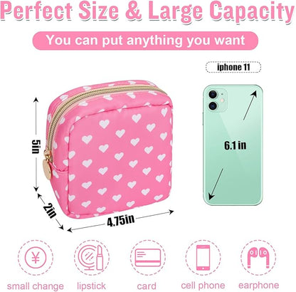 Nylon Mini Makeup Bag for Purse - Small Cute Cosmetic Zipper Pouch - Waterproof Travel Coin Pouch - Sanitary Napkin Storage - Make Up Organizer for Women & Girls (Pink Heart)