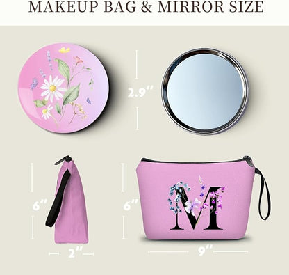 Women Birthday Maid of Honor Monogrammed Gifts for Bride Bridesmaid Sister Friend Her Teacher Makeup Cosmetic Bag with Mirror Mothers Day Christmas Graduation M