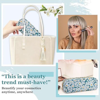 izuzta Nylon Small Floral Makeup Bag Slim Pouch, Preppy Cute Makeup Brush Case Bag Flower Cosmetic Zipper Pouch Purse, Waterproof Travel Toiletry Bag Coin Pouch Make Up Organizer Women(Green-Daisy)