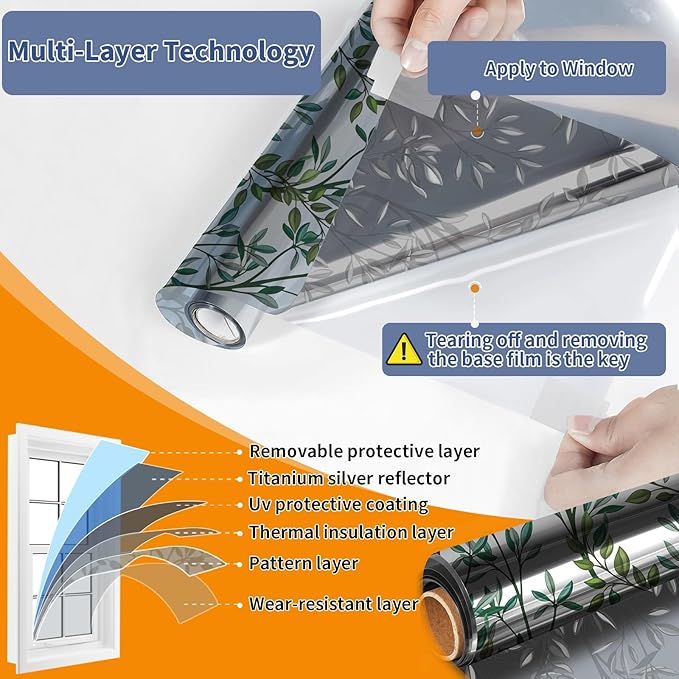 One Way Privacy Film, Window Tint for Home,Daytime Reflective, Anti UV Static Cling Sliding Door Coverings No Glue Garage Solar Paper (Silver-Leaves, 35.4 x 157.4 in)