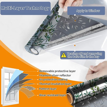 One Way Privacy Film, Window Tint for Home,Daytime Reflective, Anti UV Static Cling Sliding Door Coverings No Glue Garage Solar Paper (Silver-Leaves, 45.27 x 78.7 in)
