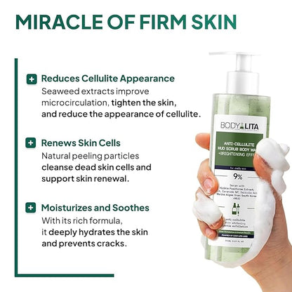 Complete Rejuvenating Shower Routine, Body Renewal Set with Double-Sided Exfoliating Pad, Anti Cellulite Scrub and Multi-Peptide Body Wash, Smooth, Firm, Youthful Skin