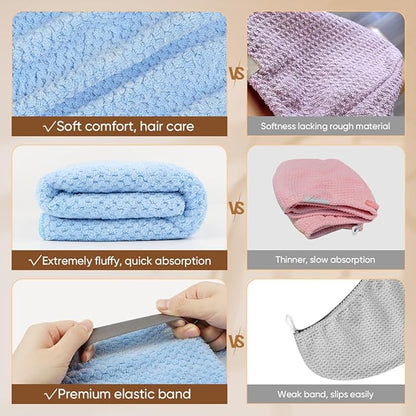 HOMEXCEL 5 Pack Microfiber Hair Towels - 40 x 20 inches Super Soft, Fast Drying Turbans for Long, Thick, Curly Hair - Anti Frizz Wrap with Elastic Strap