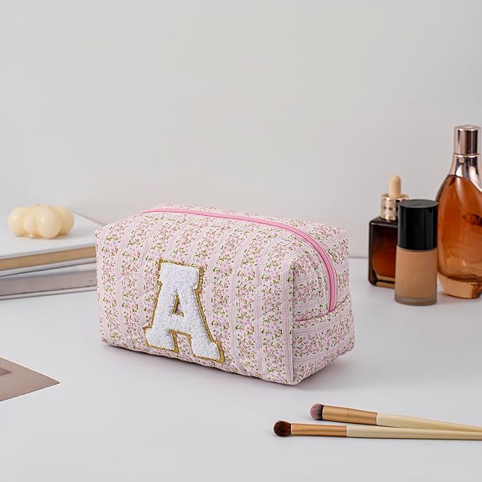 JOVAKIT Alphabet Makeup Bag Cosmetic Bag for Women, Christmas Gifts for Girls Age 6-18, Floral Flowers Coquette Travel Toiletry Zipper Make Up Pouch Organizer Trendy Stuff (Pink Floral A)