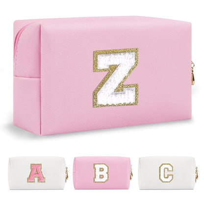 Personalized Initial A-Z Preppy Patch Makeup Bag,Small PU Chenille Letter Cosmetic Bag with Zipper for Teen Girls,Pink Cute Toiletry Organizer Bag,Monogram Makeup Case Gift for Women Girls,Letter Z