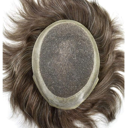 FACE MIRACLE Toupee for Men French Lace Hairpiece Human Hair Replacement System Skin PU Mens Toupee Hair Wigs for Man V-Looped Front Hair Prosthesis 8"X10" #440 4# MEDIUM BROWN WITH 40% SYNTHETIC GREY