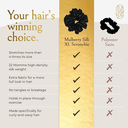 Silk Scrunchies for Women Ponytail Holders – Oversized Mulberry Silk Scrunchies – Extra Large No Damage Hair Ties for Curly, Thick, and Thin - Hair Accessories for Women – Black, XL By Curlfriend