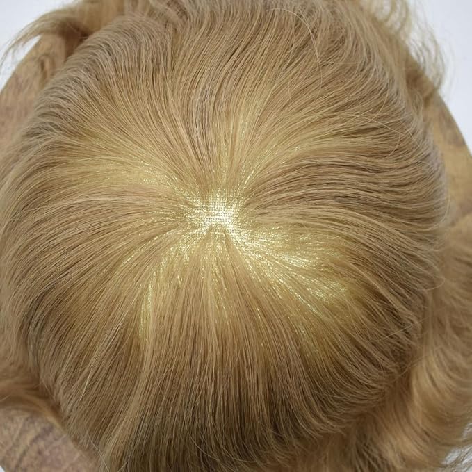 FACE MIRACLE Hair System for Men French Lace Mens Toupee Human Hair Replacement System Lace with PU Toupee for Men Male Hair Piece Wigs 6"X9" #20 light ash blonde