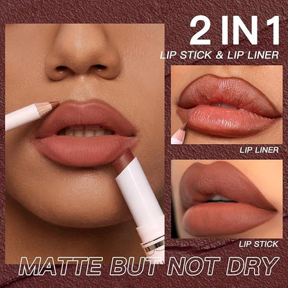 USHAS 2 in 1 Waterproof Lipstick and Lip Liner Set - Long Lasting Matte Lipstick Pen with Lip Liner - Makeup Kit (S8, Pack of 1)