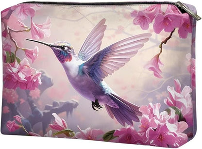 COEQINE Pink Makeup Bag for Women Leather Cosmetic Wallet Pink Hummingbirds Floral Print Cosmetic Purse for Wedding Birthday Party Cute Portable Cell Phone Case