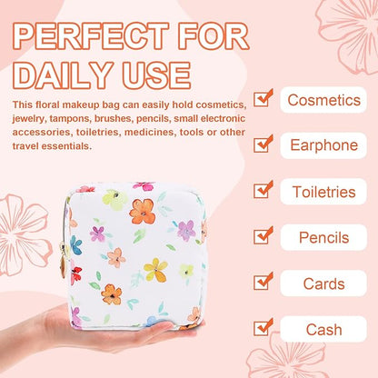 Waterproof Mini Floral Makeup Bag Pouch for Purse,Nylon Flower Cosmetic Travel Bag Small Preppy Toiletry Organizers for Women Girl,Cute Zipper Pouch Coin Purse for Work(Mini Colorful-Flowers)