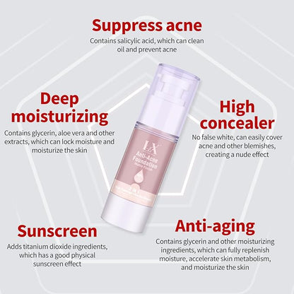 Acne-serum Foundation with Salicylic Acid & Vitamin E, Sensitive Skin Foundation Vegan & Non-Comedogenic for Acne Prone Skin Care, 107 Light