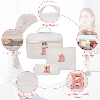 Initial Makeup Bag, Personalized Monogram Cosmetic Bag Set, Large Make up Bags | Travel Toiletry Bag | Makeup Bag for Girls Teen Girl Friend Sister Wife Girlfriend Gifts Daughter (Letter B)