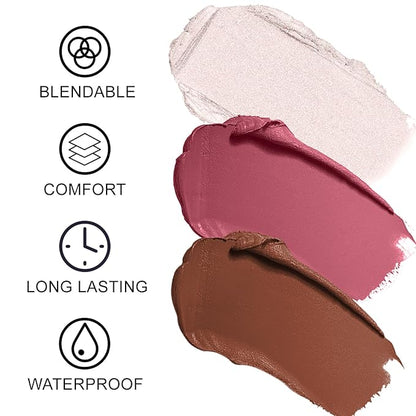 3Pcs Contour Stick Makeup Set, Shades with Highlighter Blush Bronzer Stick Kit for Sculpt the Cheeks and All Skin Type, Longwear Smooth Non-greasy Formula for All Skin Types, #2 NEUTRAL