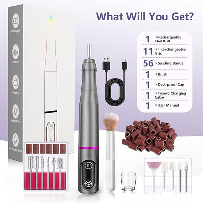 Cordless Nail Drill Electric Rechargeable File Kit, Professional Efile Acrylic Gel Nail Polish Remover Pedicure Manicure Machine Portable Set with 11 Bits 56 Sanding Bands for Salon Home Gray