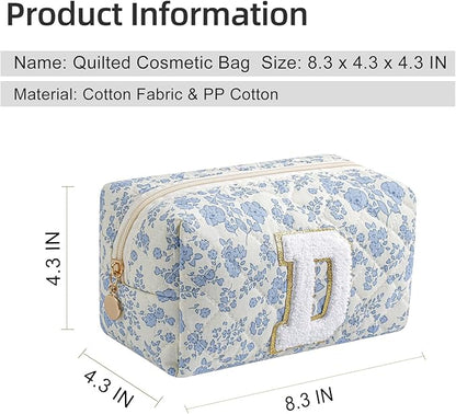Gleyemor Personalized Initial Makeup Bag for Women, Cute Quilted Blue Floral Cotton Cosmetic Bag, Christmas Gifts for Her Mom Friend Sister Bridesmaid Teacher Women D