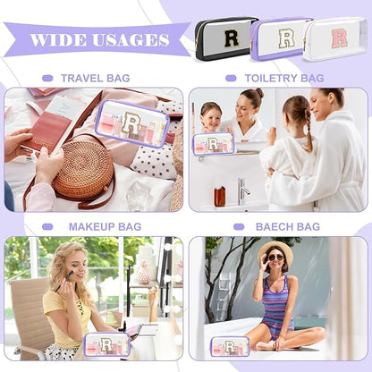 Personalized Initial Letter Clear Makeup Bag,Preppy Small Nylon&PVC Cosmetic Zipper Bag with Chenille Letter,Travel Skincare Toiletry Bag,Monogram Christmas Gift for Teen Girls Women,R