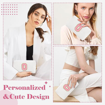 Personalized Makeup Bag Initial A-Z Preppy Patch Bag,Small PU Leather Travel Cosmetic Bag Pouch with Zipper,White Cute Toiletry Bag,Gift Ideal for Teen Girls Women Birthday Friend Mom,Letter O