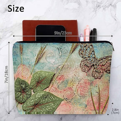 Women Cosmetic Bag Butterfly, Pond Green Leaves Floral Butterflies Cute Makeup Bag For Purse Cosmetic Travel Bag For Toiletries Makeup Storage Bag Flax Skincare Bag Make Up Pouch Bags
