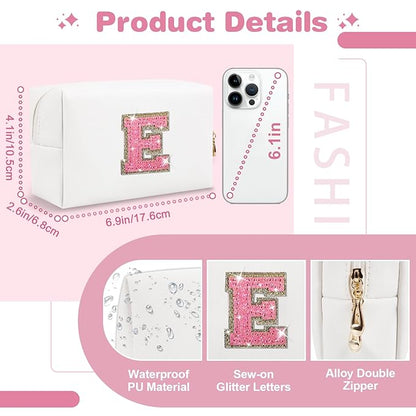 Small Initial Patch Makeup Bag Personalized Gifts Make Up Bag,White Cute PU Leather Glitter Letter Cosmetic Bag with Zipper,Trendy Portable Travel Toiletry Pouch,Preppy Stuff for Teen Girls Women E