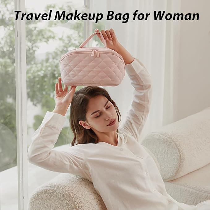 Makeup Bag for Woman, 180° Lay Flat Wide Open Makeup Bags, Large Fold out Washable Cosmetic Case, Quilted Puffy Toiletry Bags for Toiletries (Green)