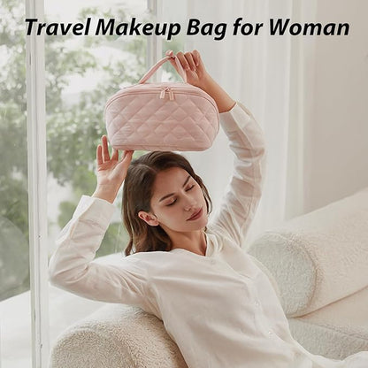 Makeup Bag for Woman, 180° Lay Flat Wide Open Makeup Bags, Large Fold out Washable Cosmetic Case, Quilted Puffy Toiletry Bags for Toiletries (Green)